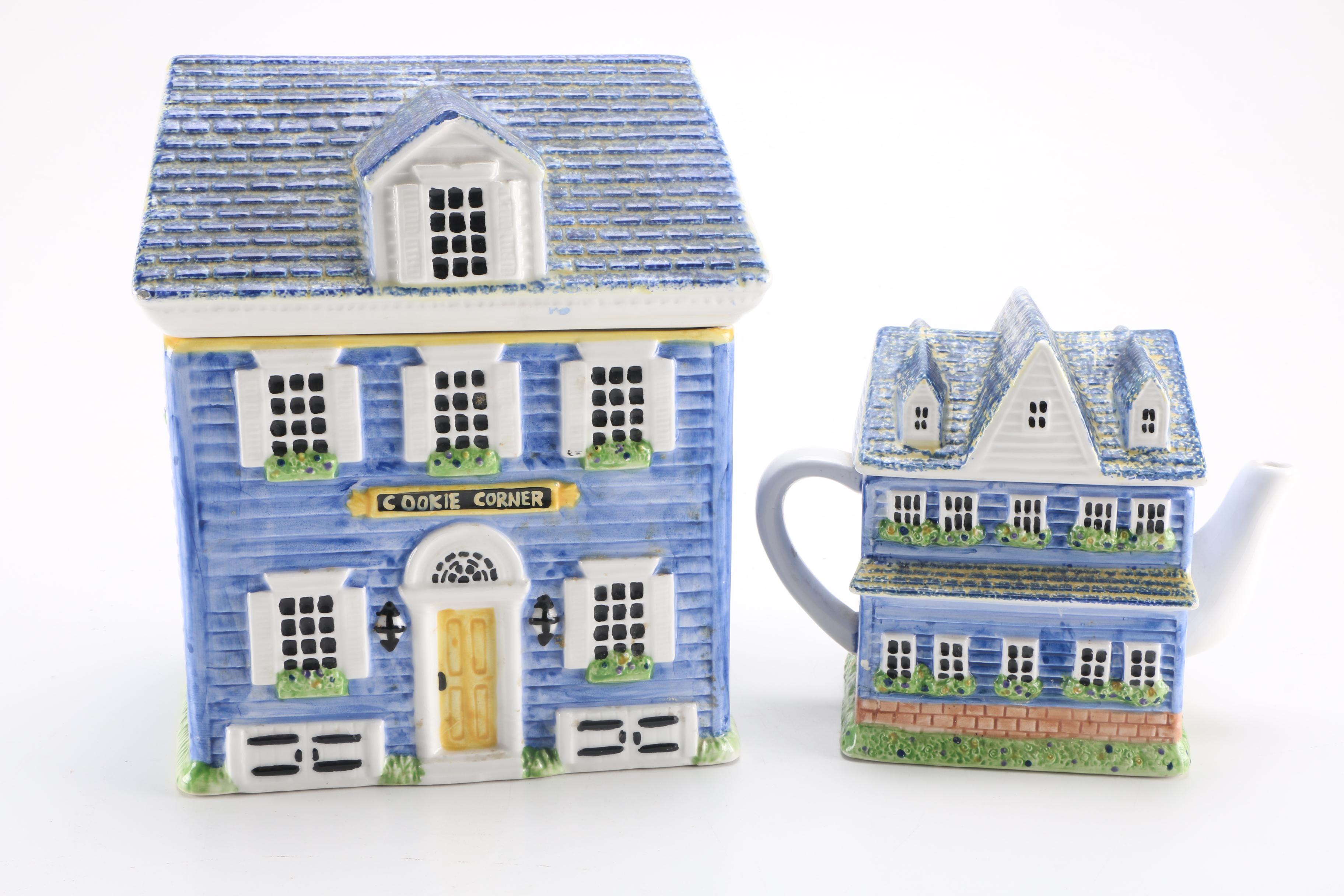 Ceramic House-Shaped Cookie Jar and Teapot