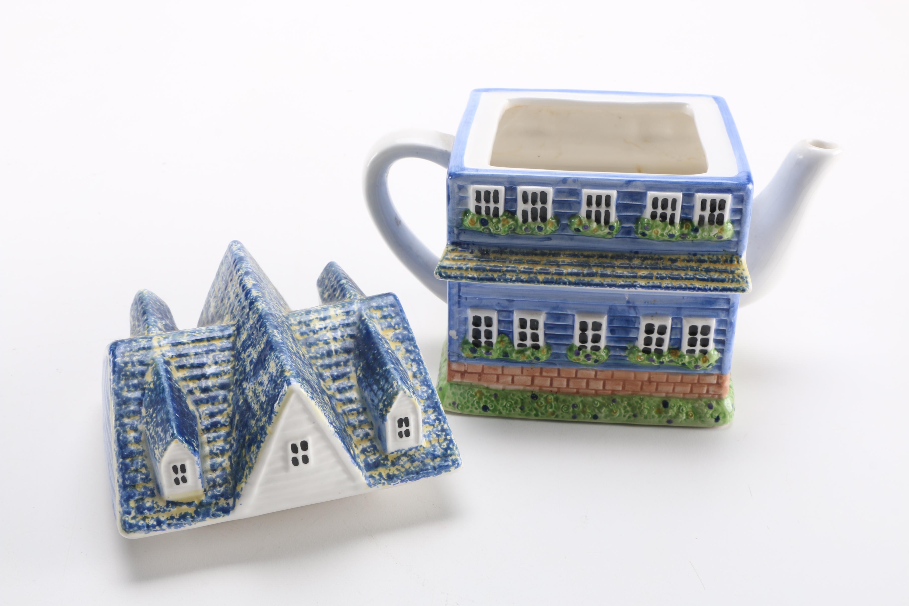 Ceramic House-Shaped Cookie Jar and Teapot