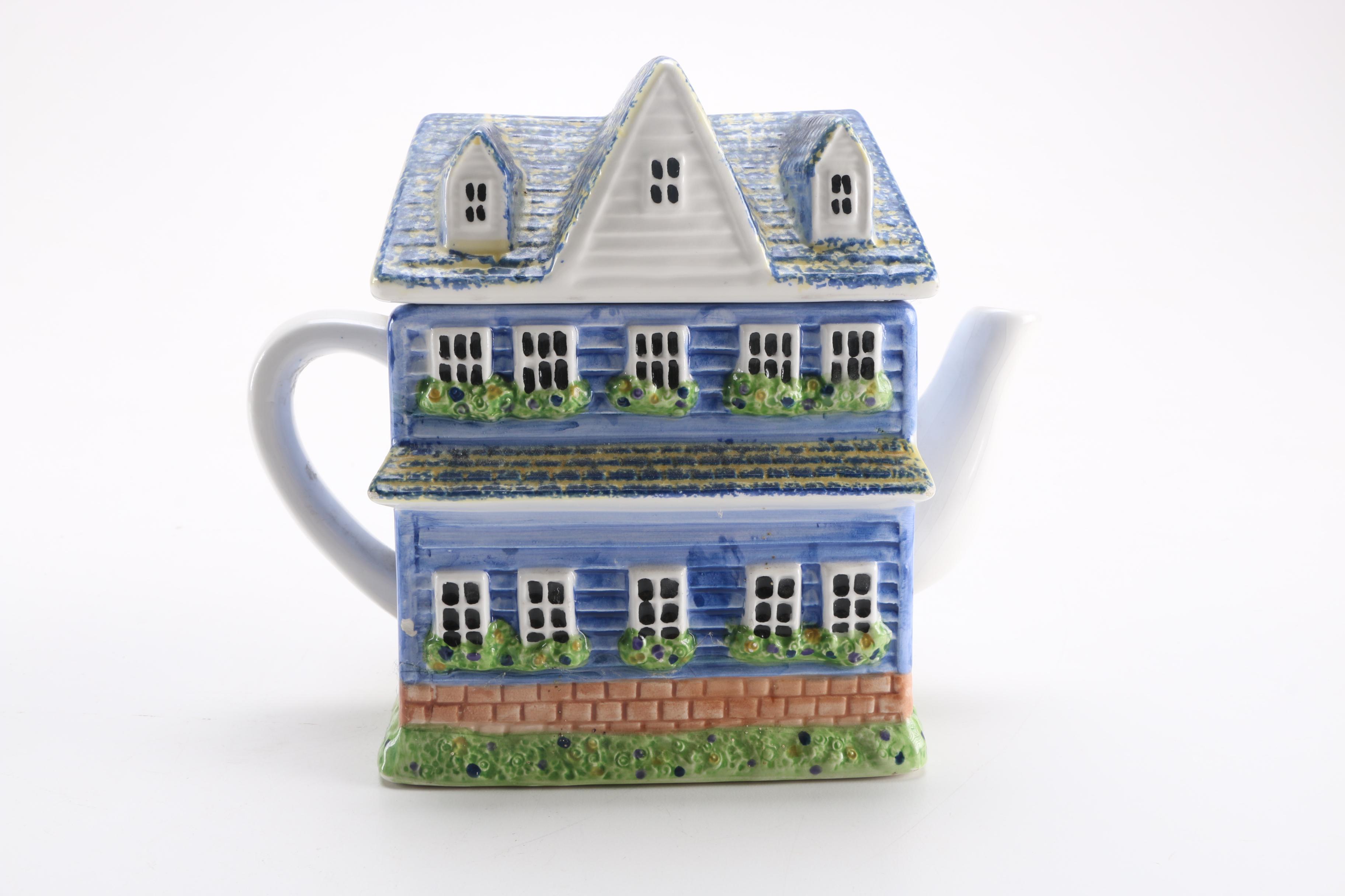 Ceramic House-Shaped Cookie Jar and Teapot