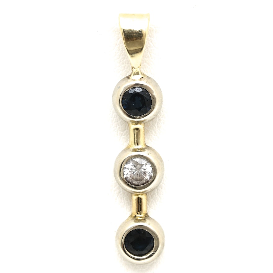 14K Two-Tone Gold Blue and White Sapphire Linear Drop Pendant