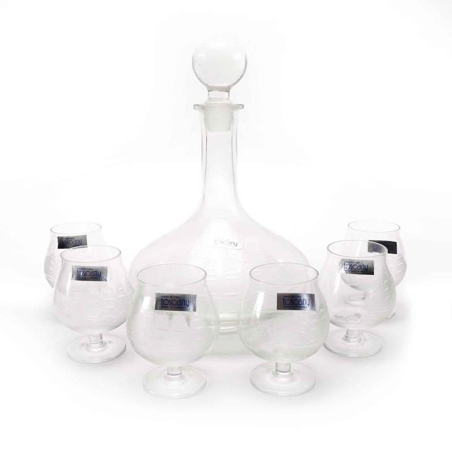 Hand Blown Toscany Decanter and Glasses