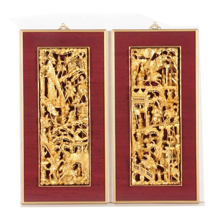 Pair of Framed Chinese Gold Tone Carvings