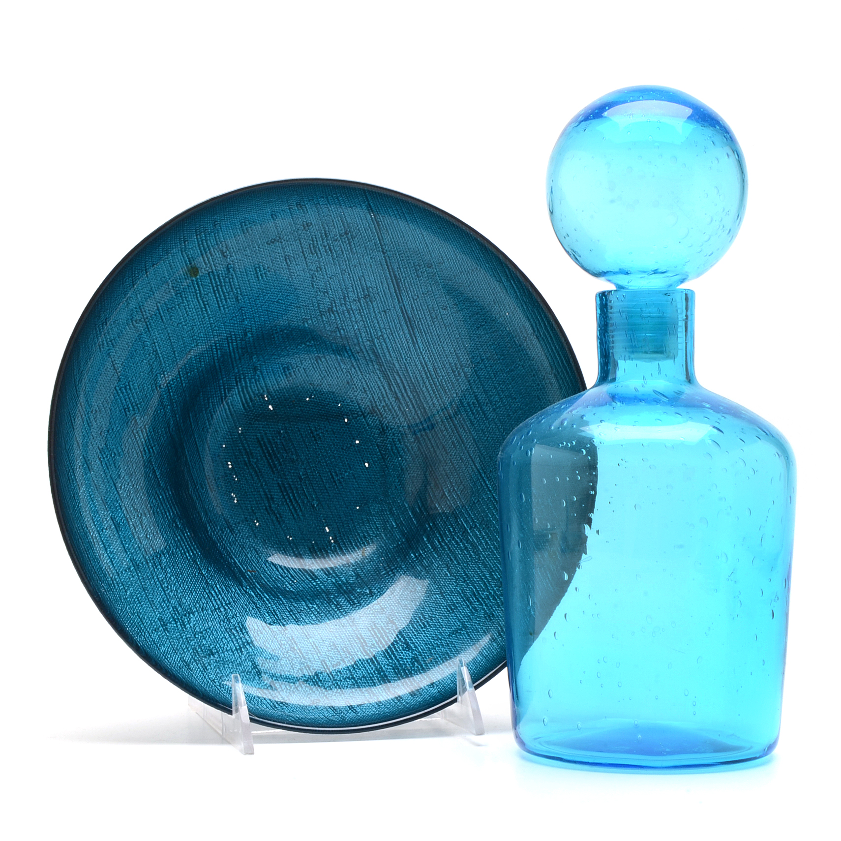 Blue Blenko Style Decanter and Bowl