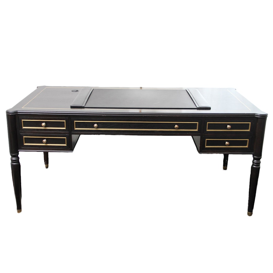 Substantial Custom-Built Black Writing Desk with Brass Inlay