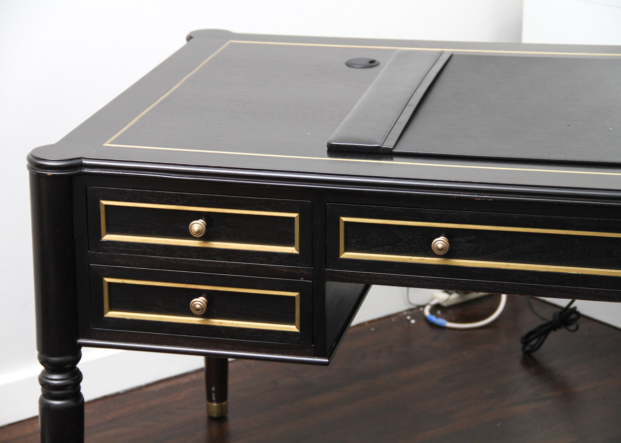 Substantial Custom-Built Black Writing Desk with Brass Inlay