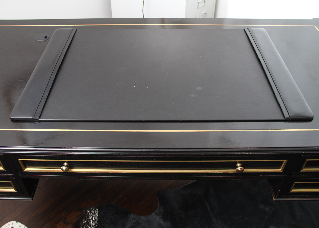 Substantial Custom-Built Black Writing Desk with Brass Inlay
