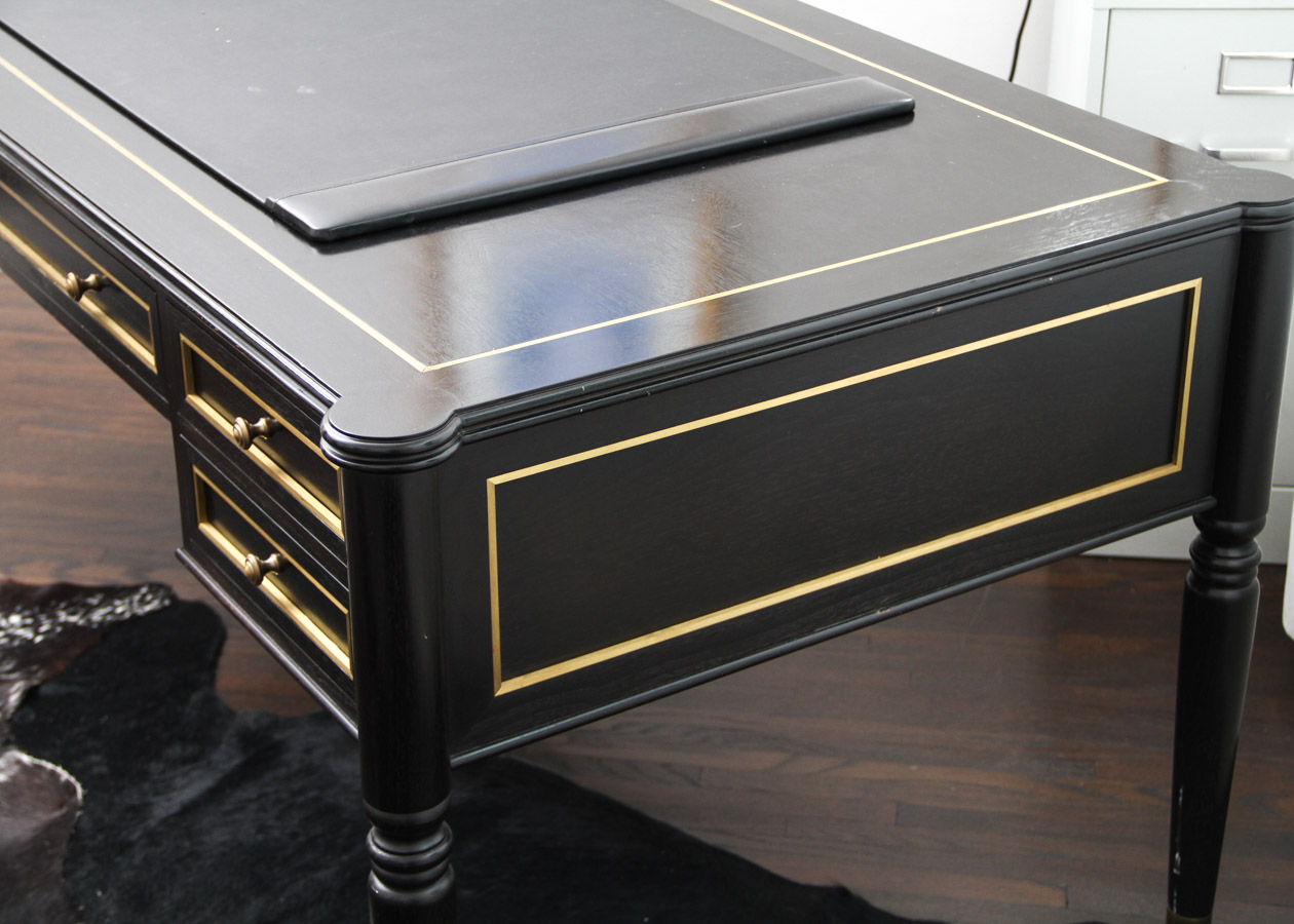 Substantial Custom-Built Black Writing Desk with Brass Inlay