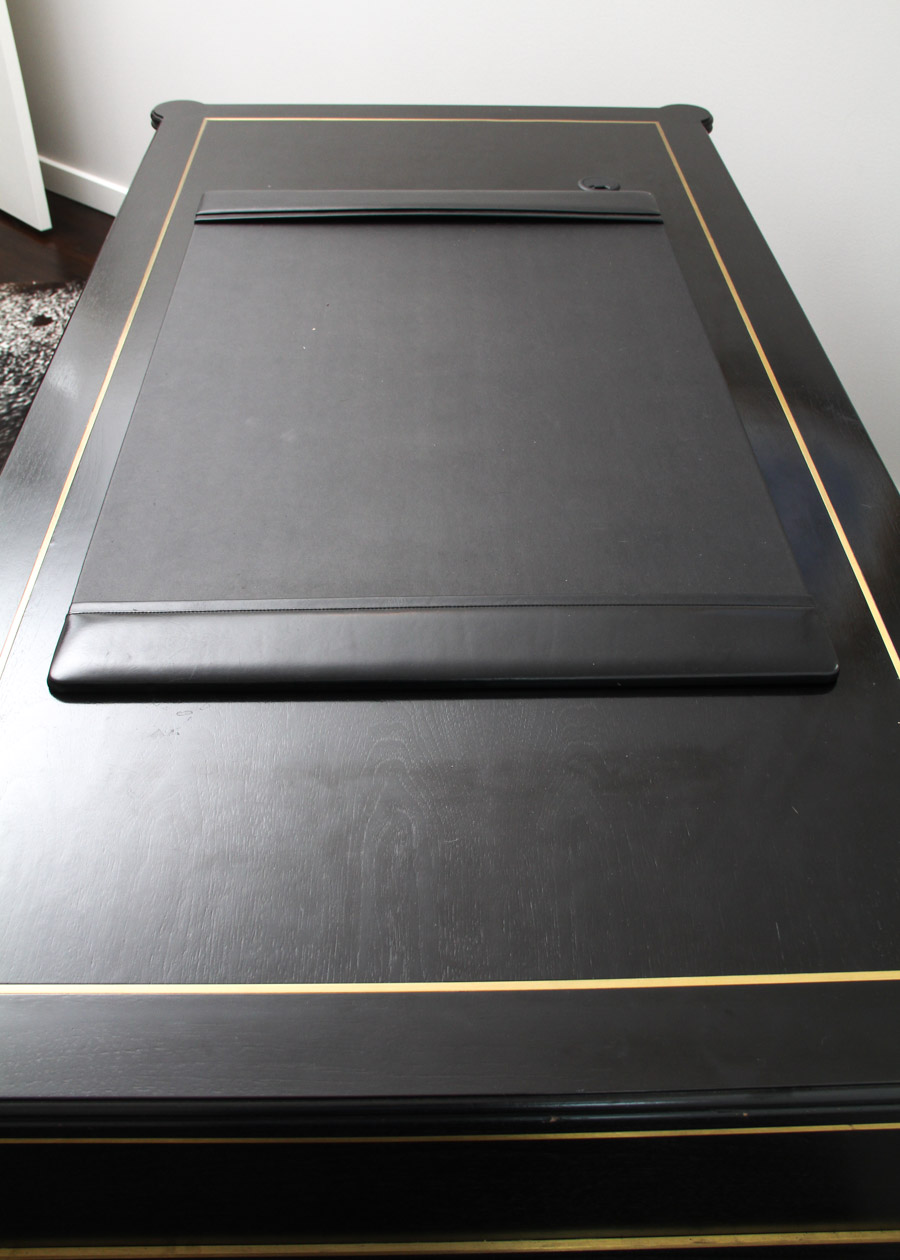 Substantial Custom-Built Black Writing Desk with Brass Inlay