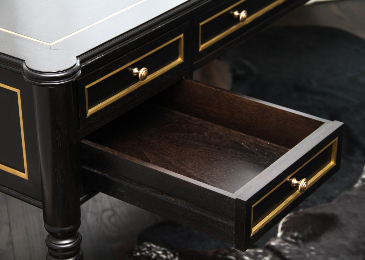 Substantial Custom-Built Black Writing Desk with Brass Inlay