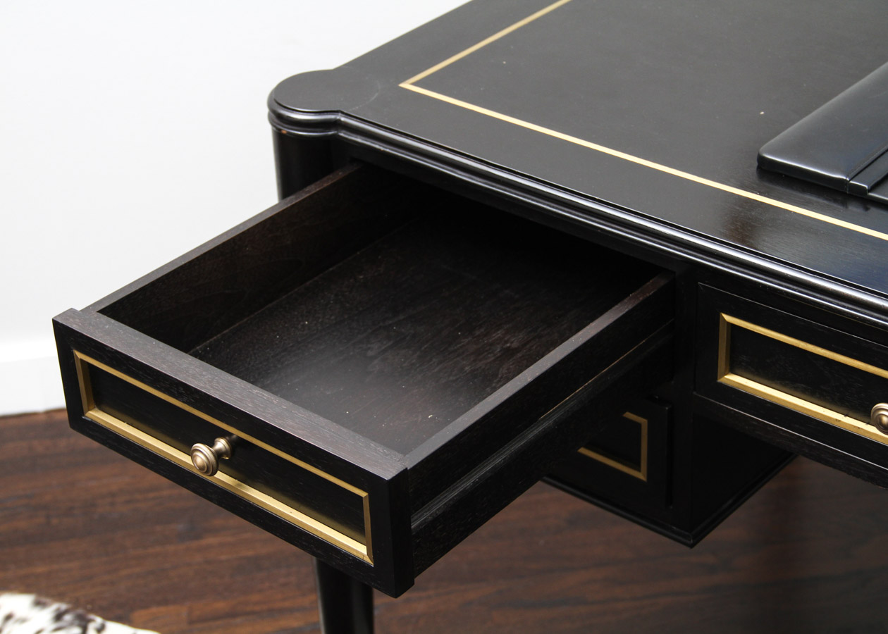 Substantial Custom-Built Black Writing Desk with Brass Inlay