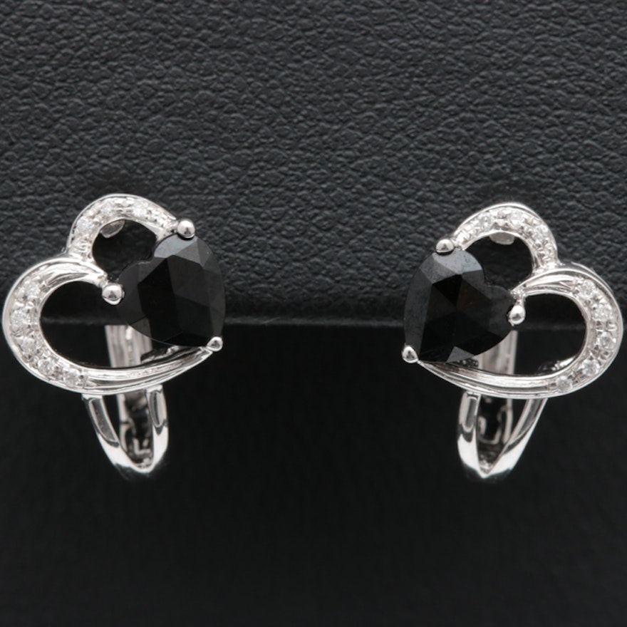 14K White Gold, Black Spinel and Diamond Heart Earrings