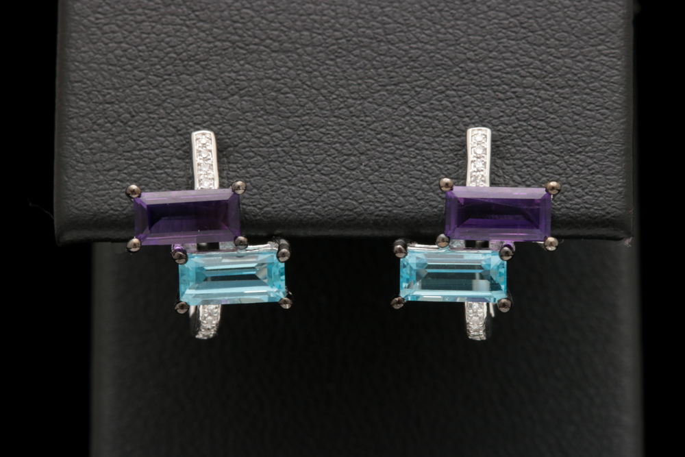 14K White Gold, Blue Topaz, Amethyst and Diamond Earrings