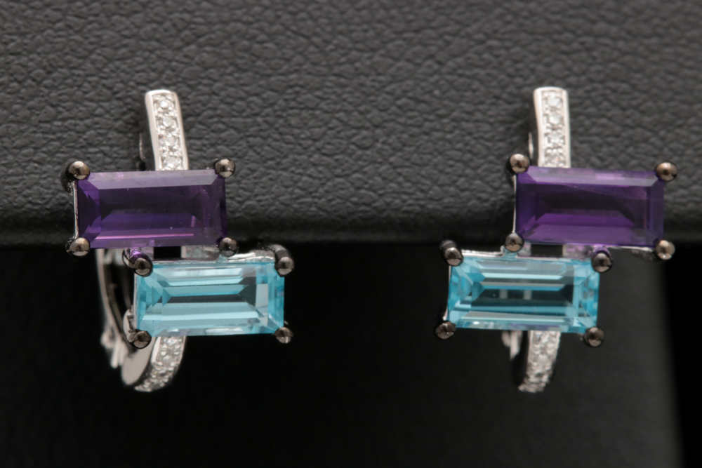 14K White Gold, Blue Topaz, Amethyst and Diamond Earrings