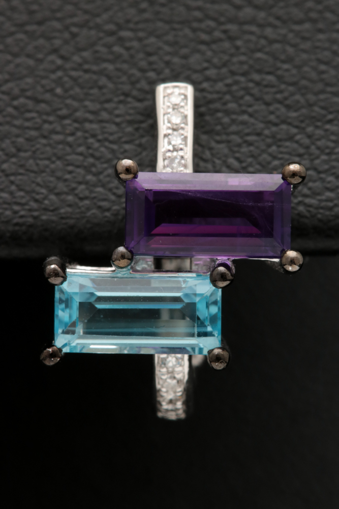 14K White Gold, Blue Topaz, Amethyst and Diamond Earrings
