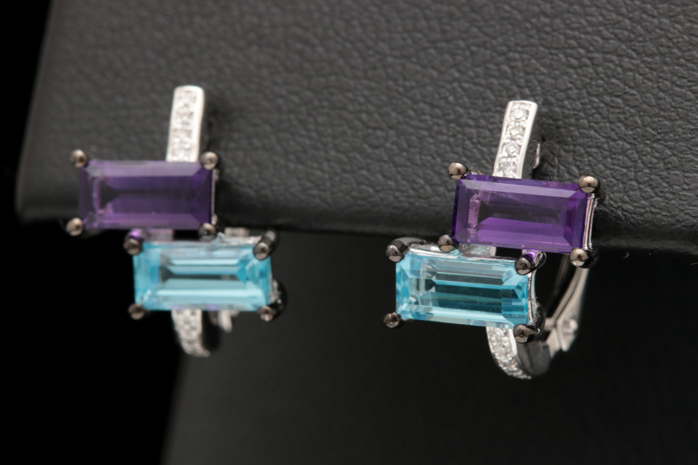 14K White Gold, Blue Topaz, Amethyst and Diamond Earrings