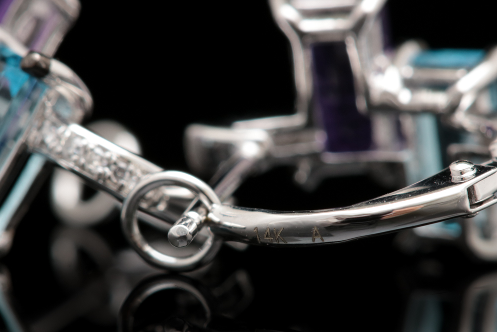 14K White Gold, Blue Topaz, Amethyst and Diamond Earrings