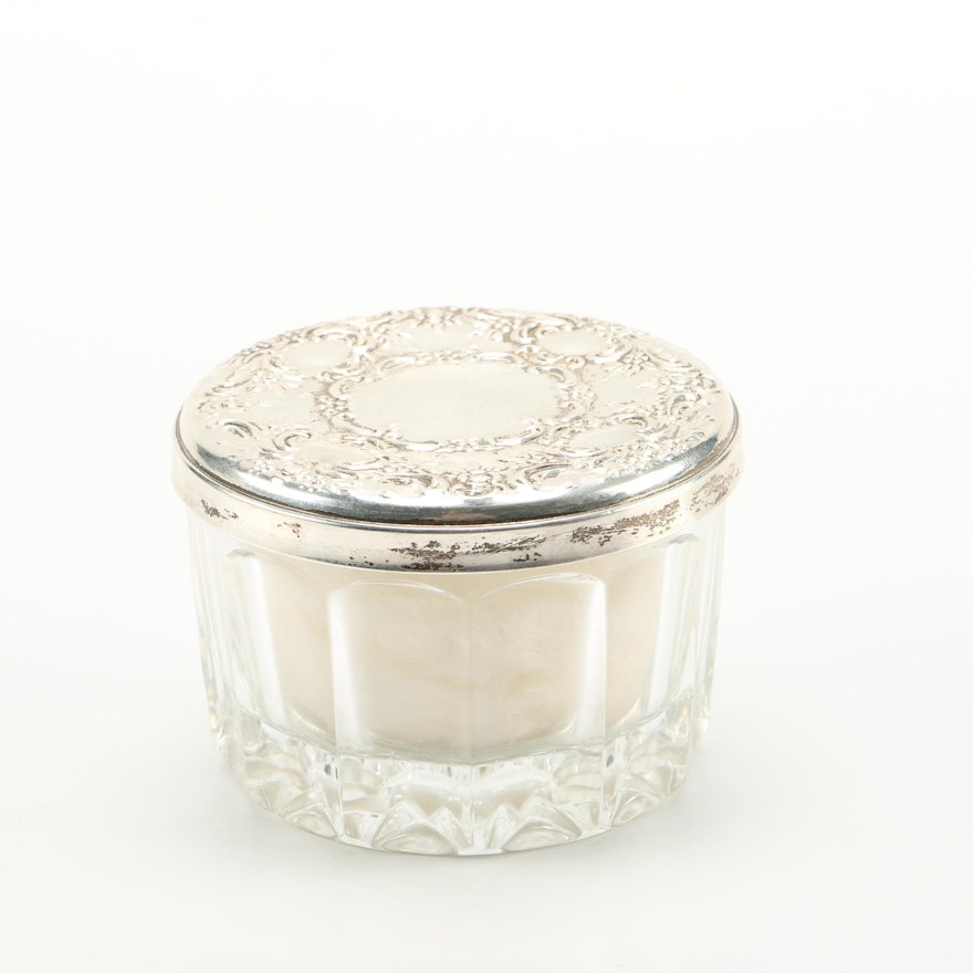 Towle Sterling Silver and Glass Powder Jar with Screen and Puff