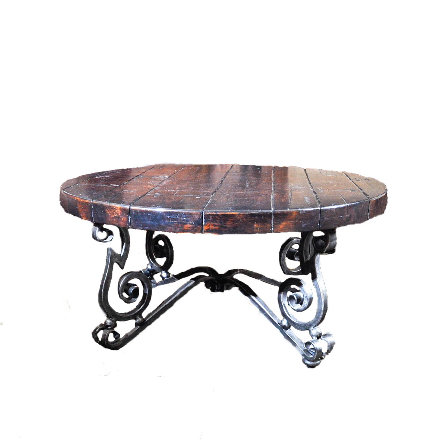 Round Plank Top Coffee Table With Scrolled Metal Frame