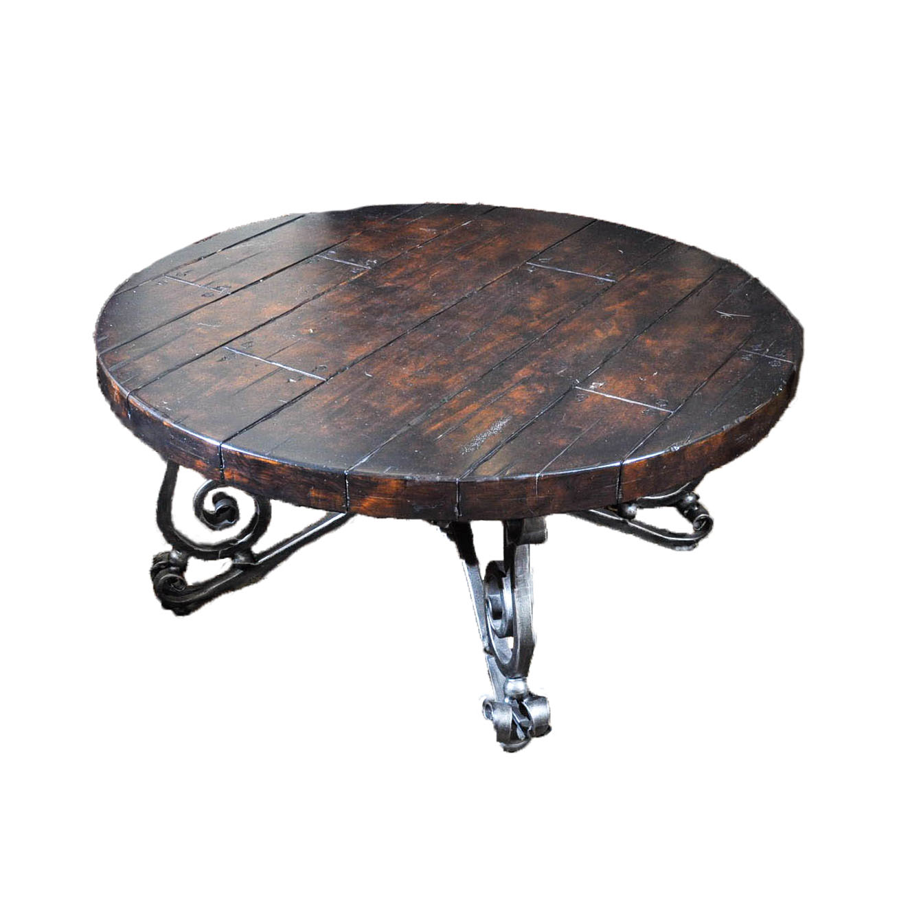 Round Plank Top Coffee Table With Scrolled Metal Frame