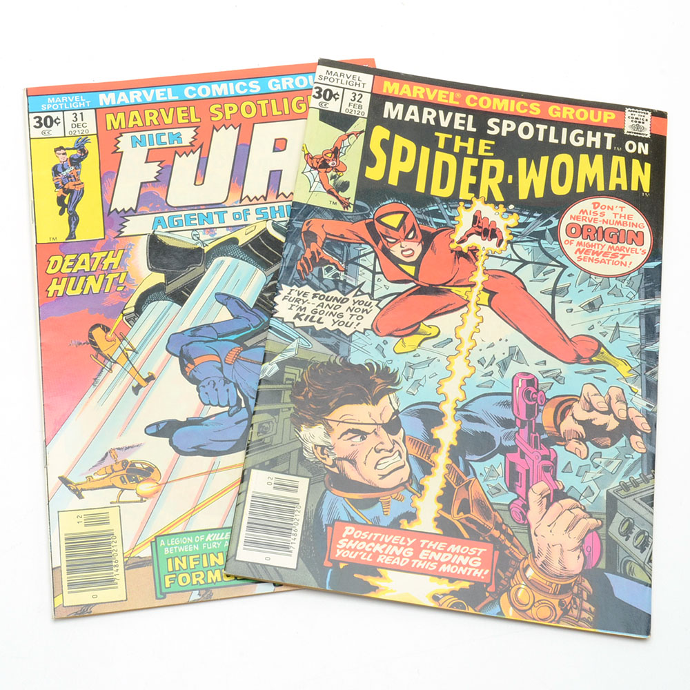 Two First Series "Marvel Spotlight" Comics Including Spider-Woman's Origin and First Appearance