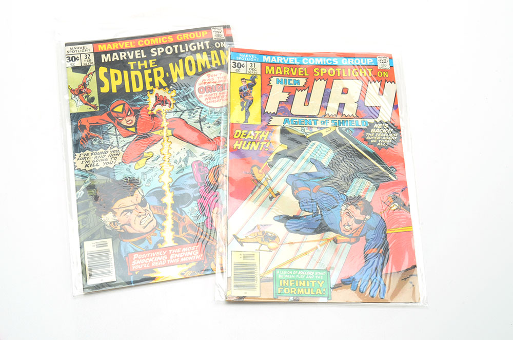 Two First Series "Marvel Spotlight" Comics Including Spider-Woman's Origin and First Appearance