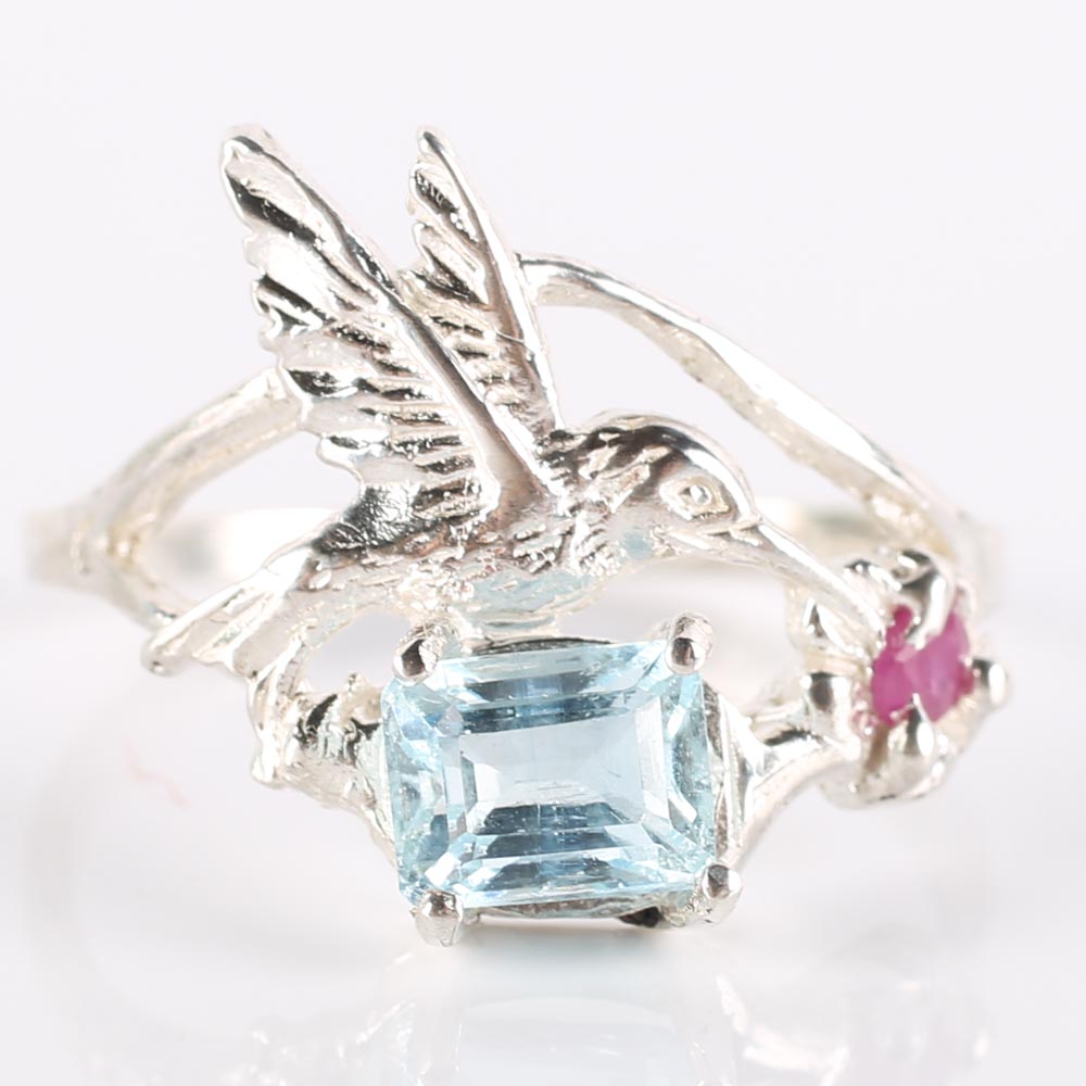 Sterling Silver, Aquamarine, and Ruby Hummingbird Ring