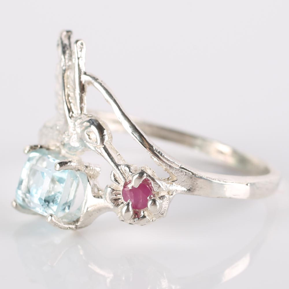 Sterling Silver, Aquamarine, and Ruby Hummingbird Ring