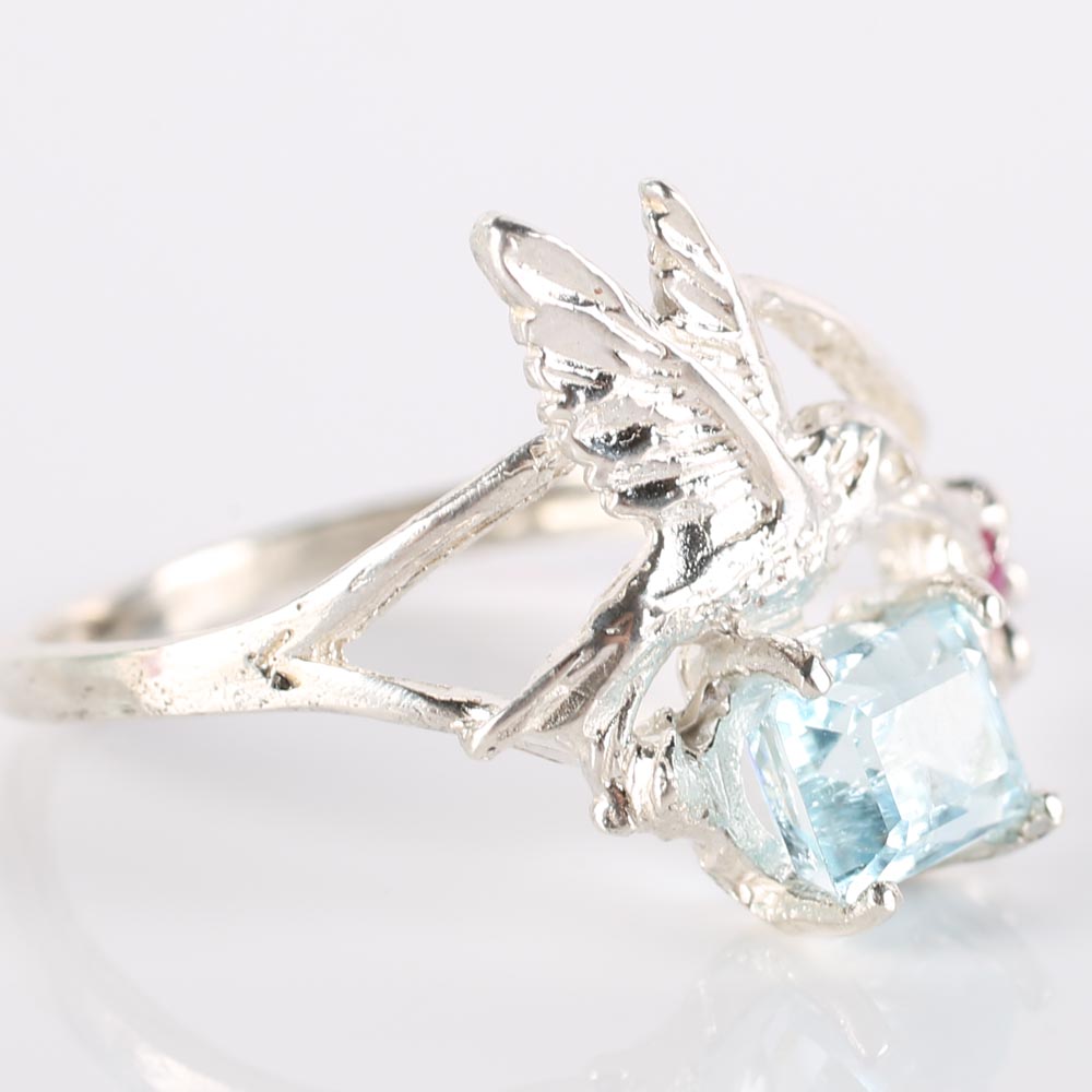 Sterling Silver, Aquamarine, and Ruby Hummingbird Ring