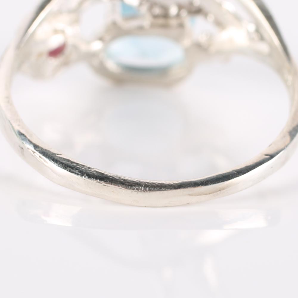 Sterling Silver, Aquamarine, and Ruby Hummingbird Ring