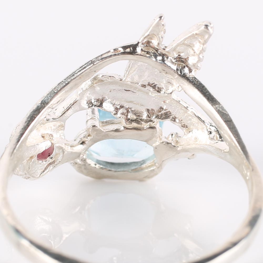 Sterling Silver, Aquamarine, and Ruby Hummingbird Ring