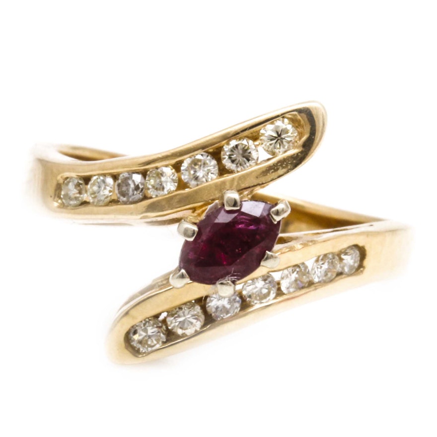 14K Yellow Gold Ruby and Diamond Bypass Ring