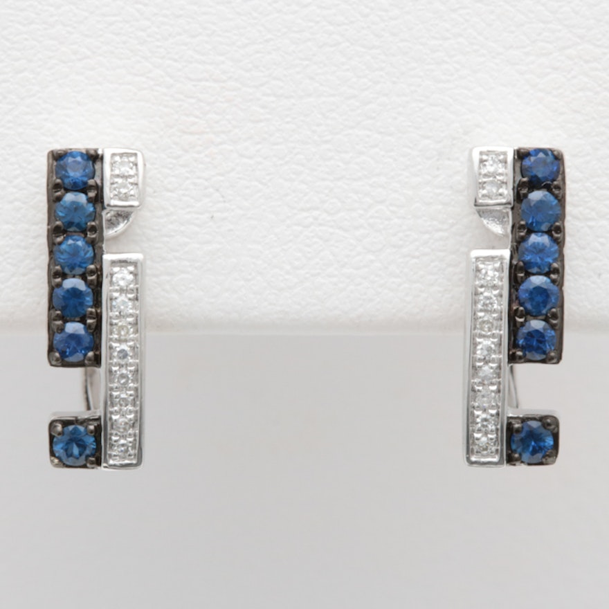 14K White Gold, Blue Sapphire and Diamond Earrings