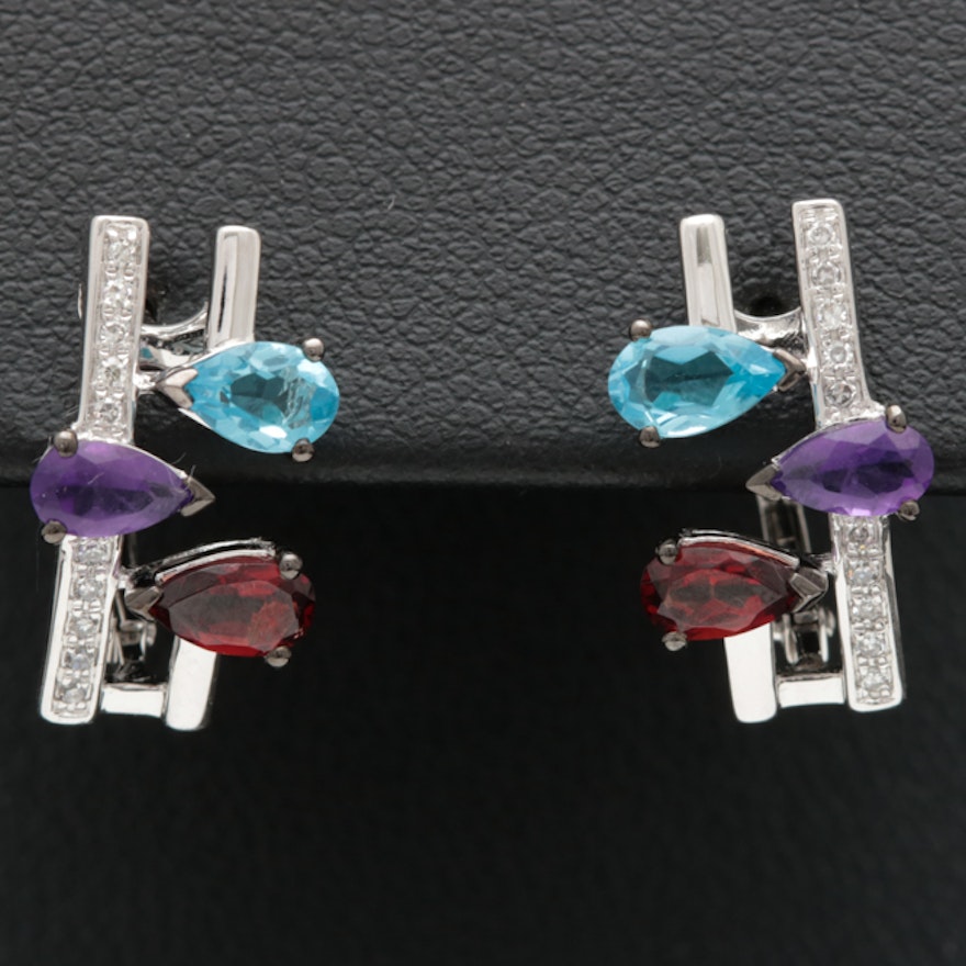 14K White Gold, Multi Semi-Precious Gemstone and Diamond Earrings