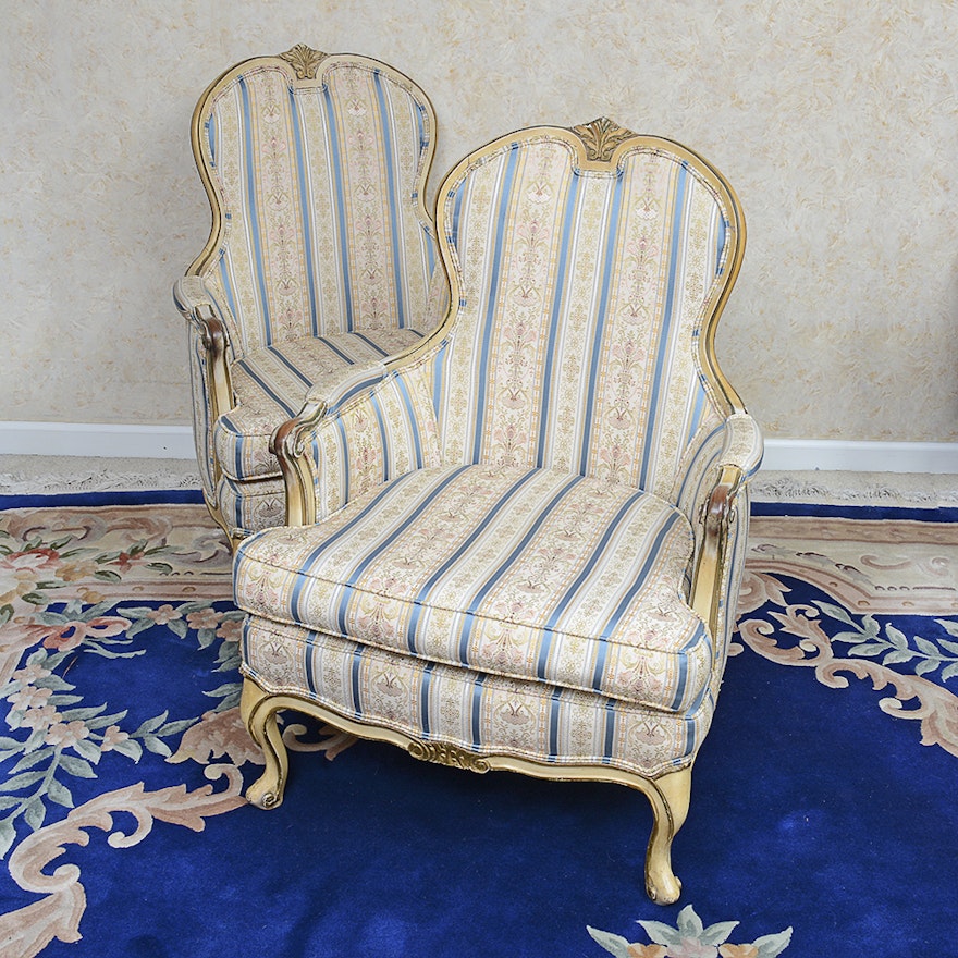 Vintage Victorian Style Armchairs With Striped Upholstery