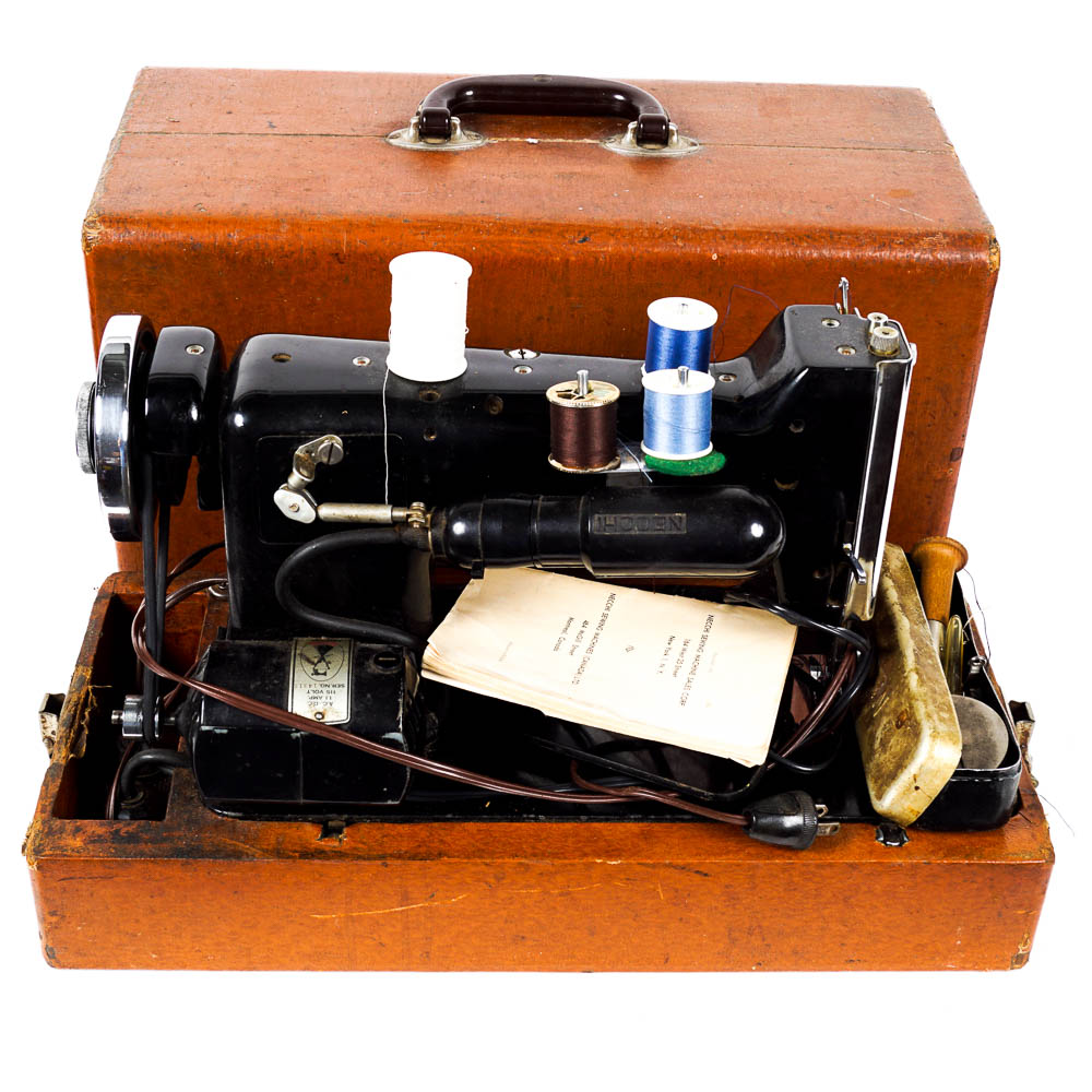 Vintage Necchi Sewing Machine with Case and Supplies