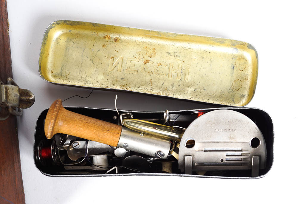 Vintage Necchi Sewing Machine with Case and Supplies