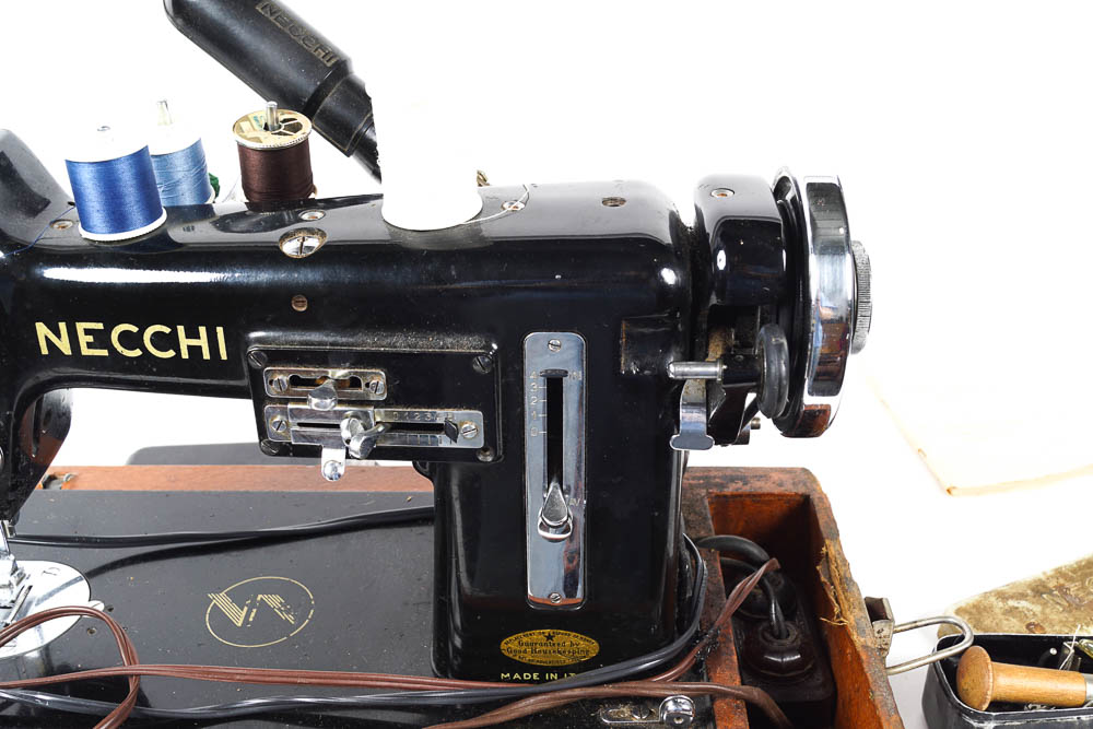 Vintage Necchi Sewing Machine with Case and Supplies