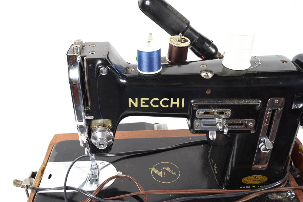Vintage Necchi Sewing Machine with Case and Supplies