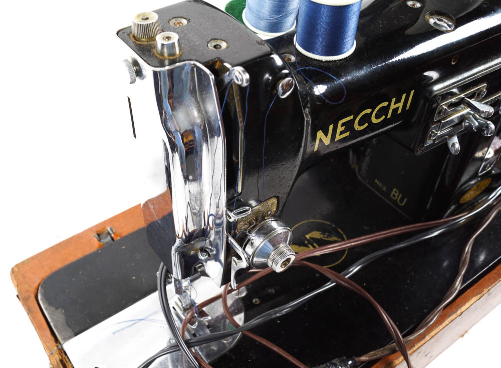 Vintage Necchi Sewing Machine with Case and Supplies