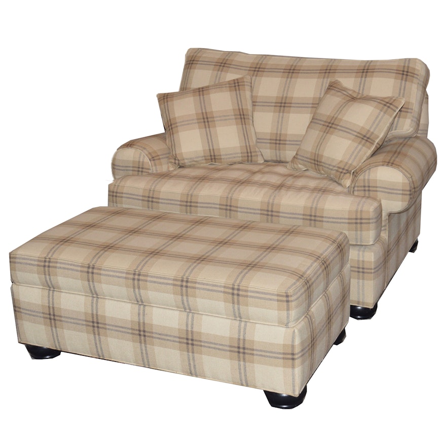 Oversize Plaid Chair and Ottoman by Ethan Allen