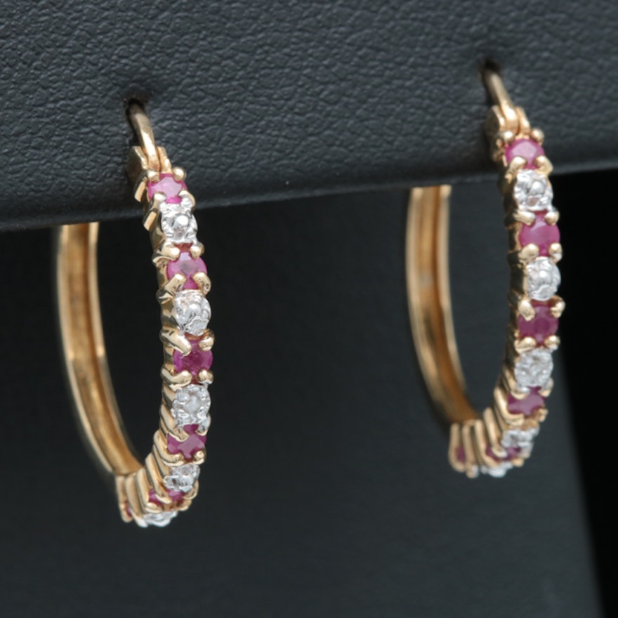 10K Gold, Ruby and Diamond Hoop Earrings