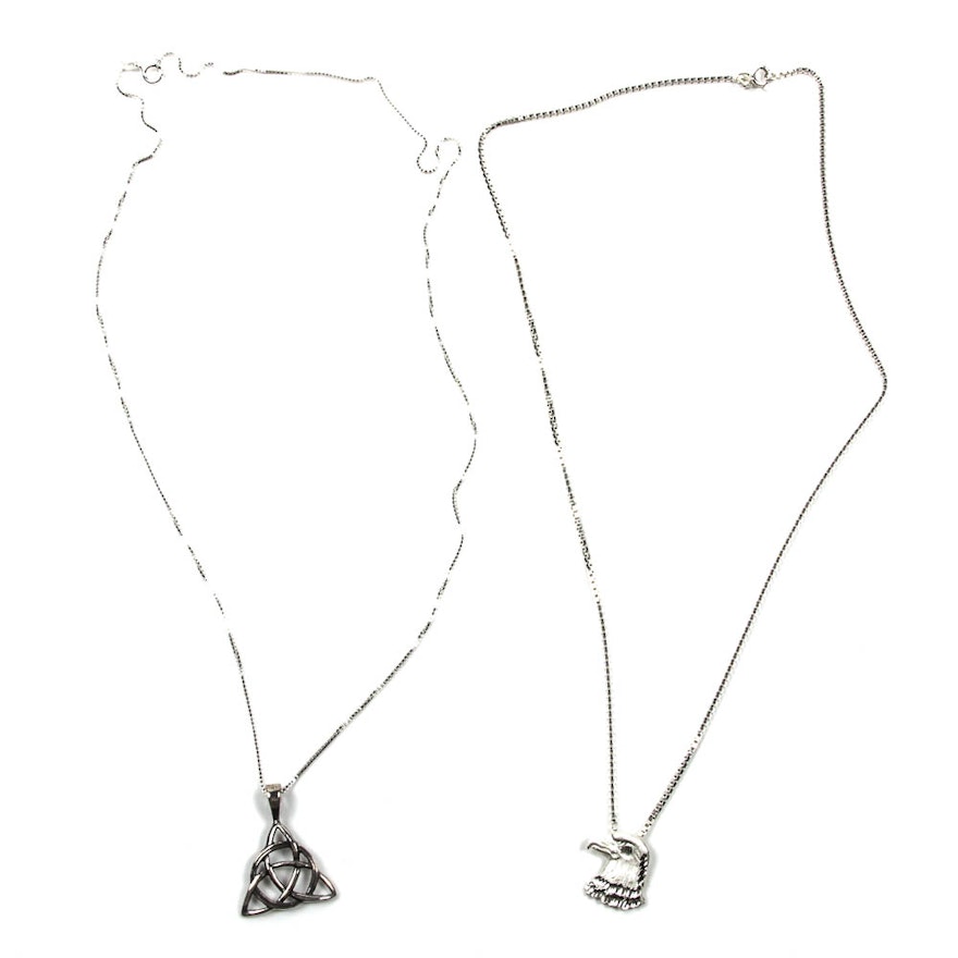 Two Silver Necklaces With Silver Pendants