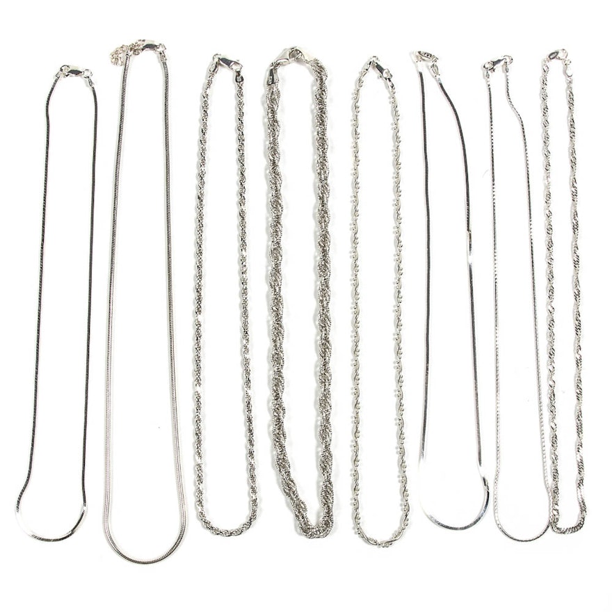 Eight Sterling Silver Chain Necklaces