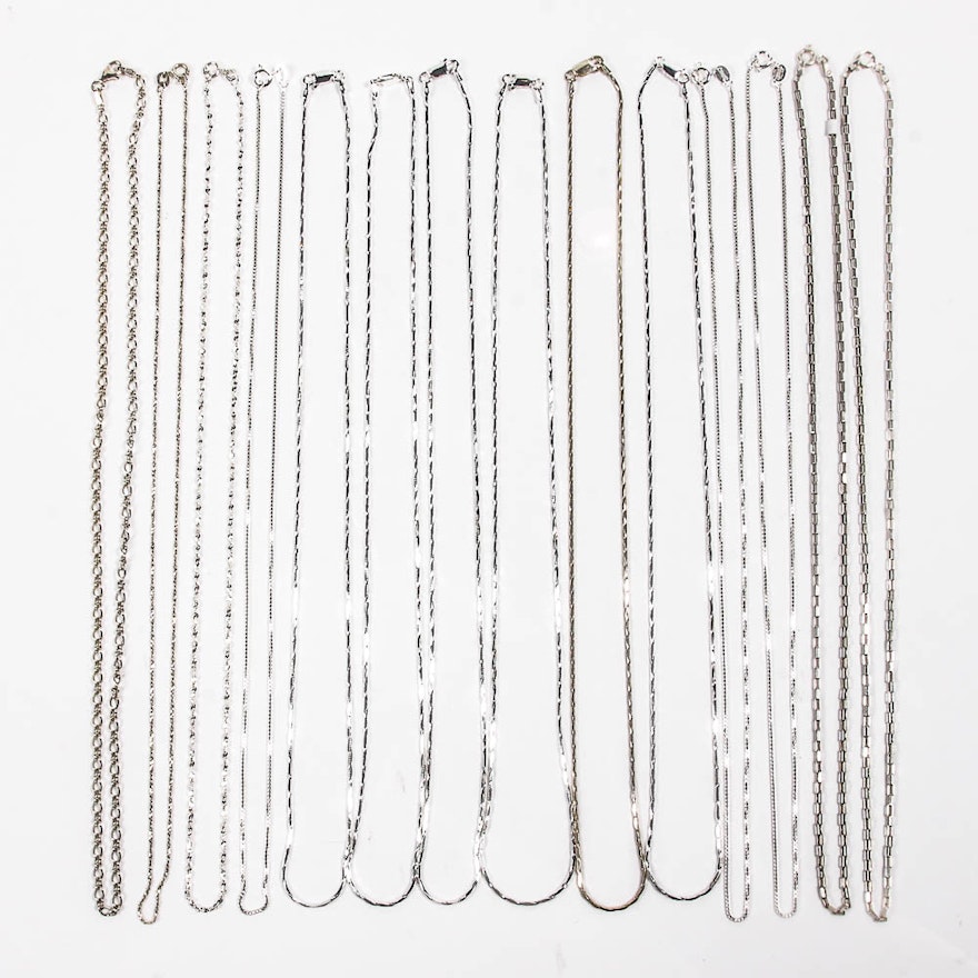 Fourteen Silver Chain Necklaces