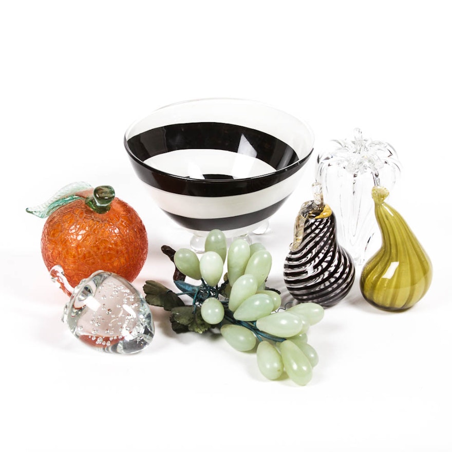 Art Glass Bowl and Glass and Stone Fruit