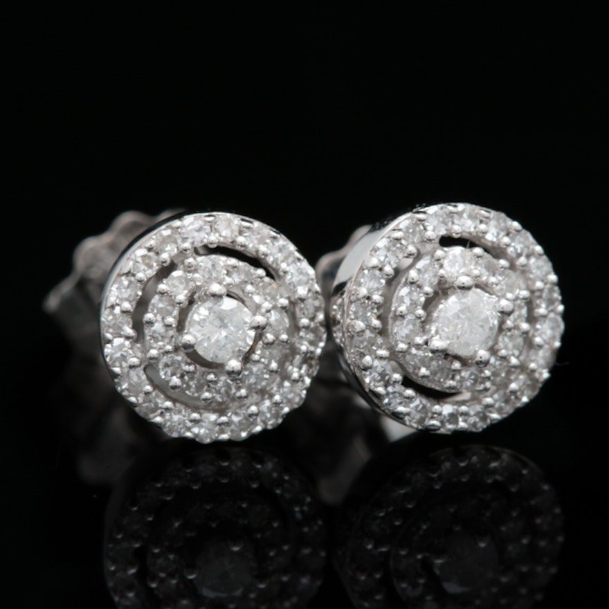 10K White Gold and Diamond Cluster Earrings