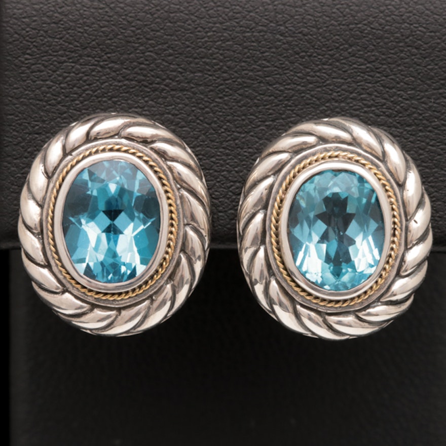 Robert Manse Sterling Silver, 18K Gold and Blue Topaz Earrings