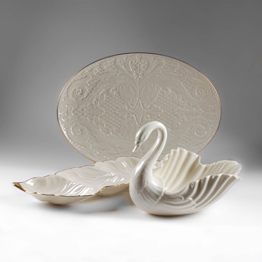 Lenox Swan, Dolphin Platter And Leaf Bowl