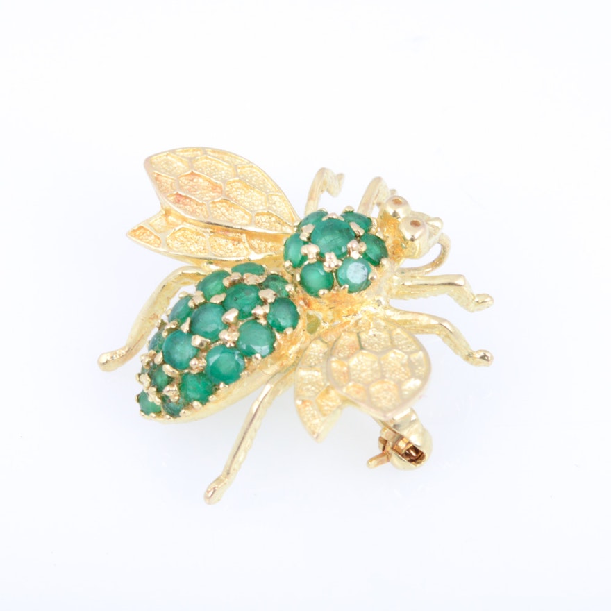14K Yellow Gold Emerald Bee Brooch