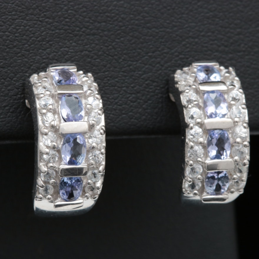 Sterling Silver, Iolite and White Topaz Half-Hoop Earrings